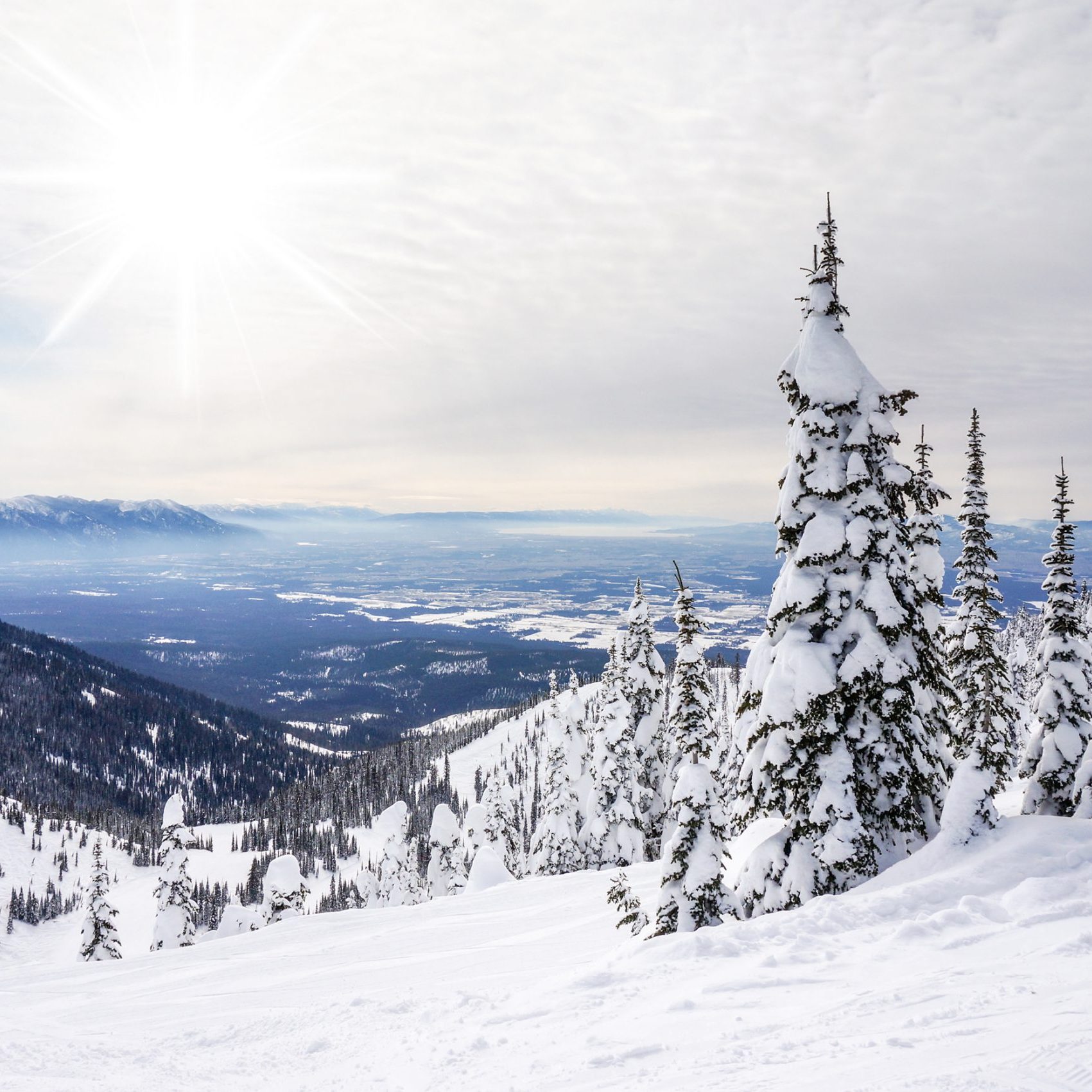 White winter landscape against the sun with fluffy clouds in Whitefish, Montana, overlooking Glacier National Park.